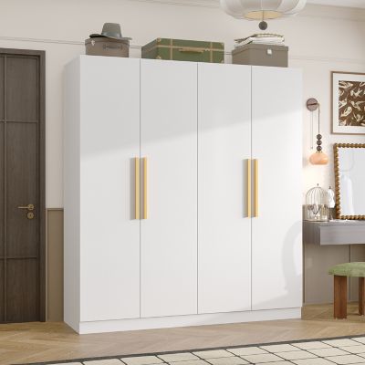 Grey Wood 4-Door Wardrobe Armoires with Hanging Rod and Storage Shelves