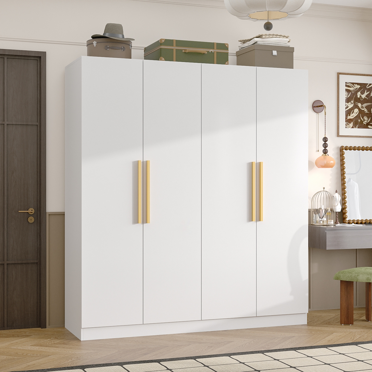 Famapy Gray Wood 4-Door Wardrobe Armoires with Hanging Rod and Storage Shelves