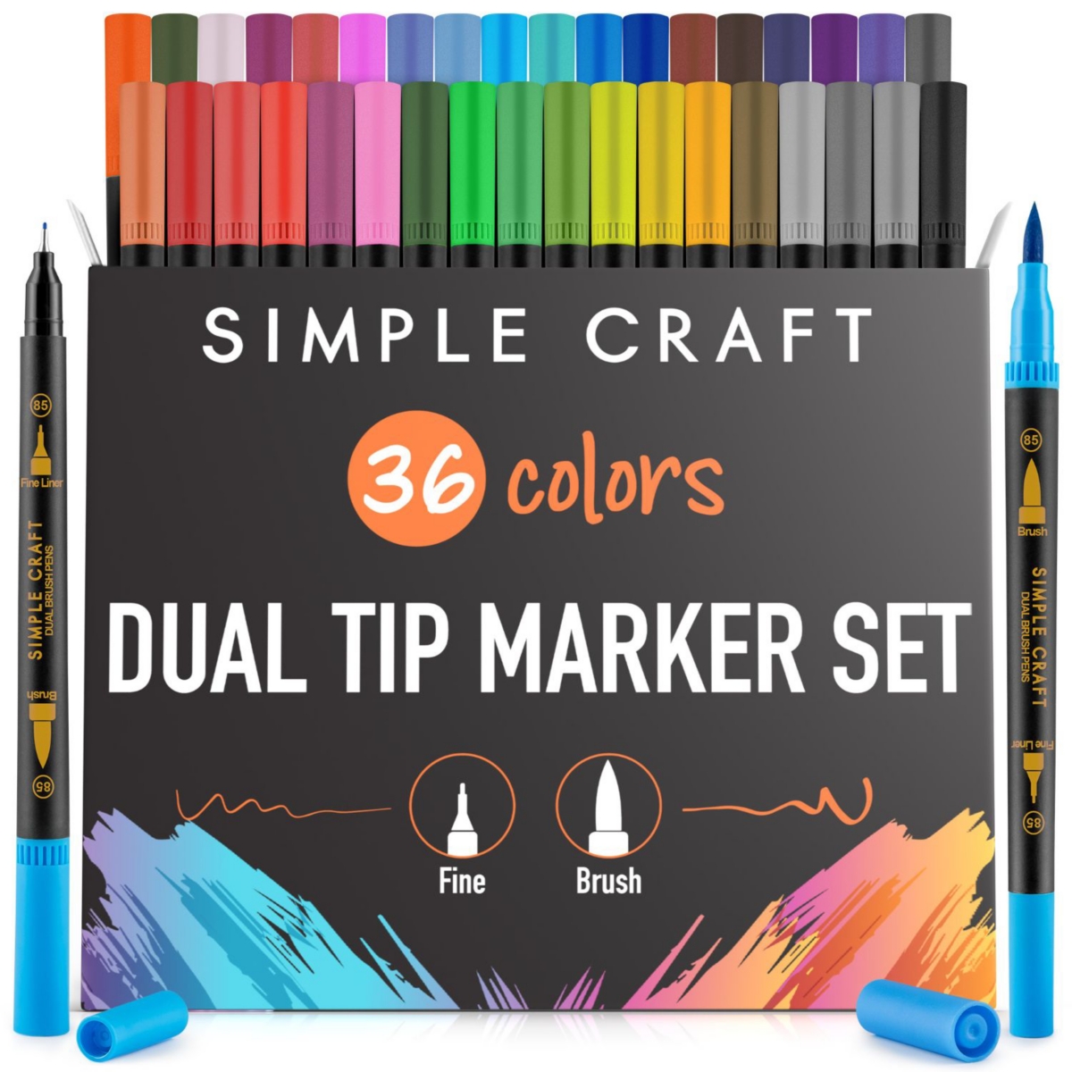 36 Colored Dual Tip Brush Pens - Fine & Brush Tip Dual Brush Markers - Multicolor