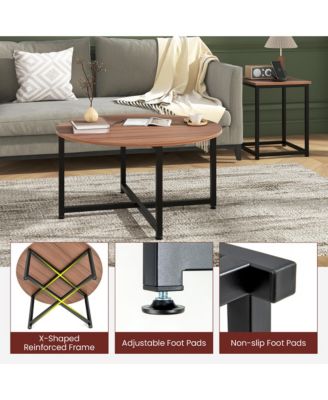 Round Nesting Table Set of 3 Modern/Farmhouse Coffee Table w/2 End Tables Walnut & Black