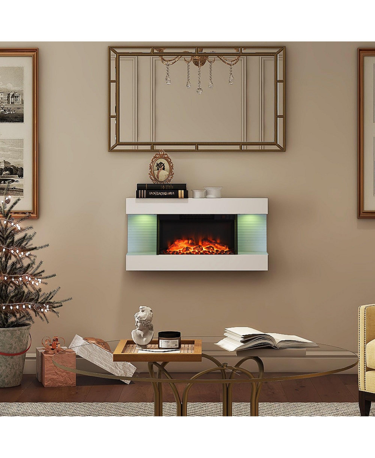 Mondawe Stylish Electric Fireplace with Suspended Led Light Mantel with Remote Control