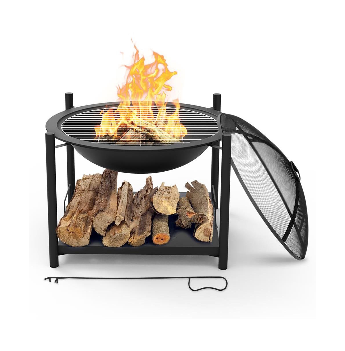 Outdoor Steel Bbq Grill Fire Pit with Mesh Spark Screen - Black