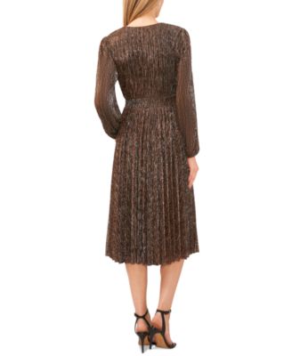 MSK Women's Glitter Pliss Long-Sleeve Midi Dress - Macy's