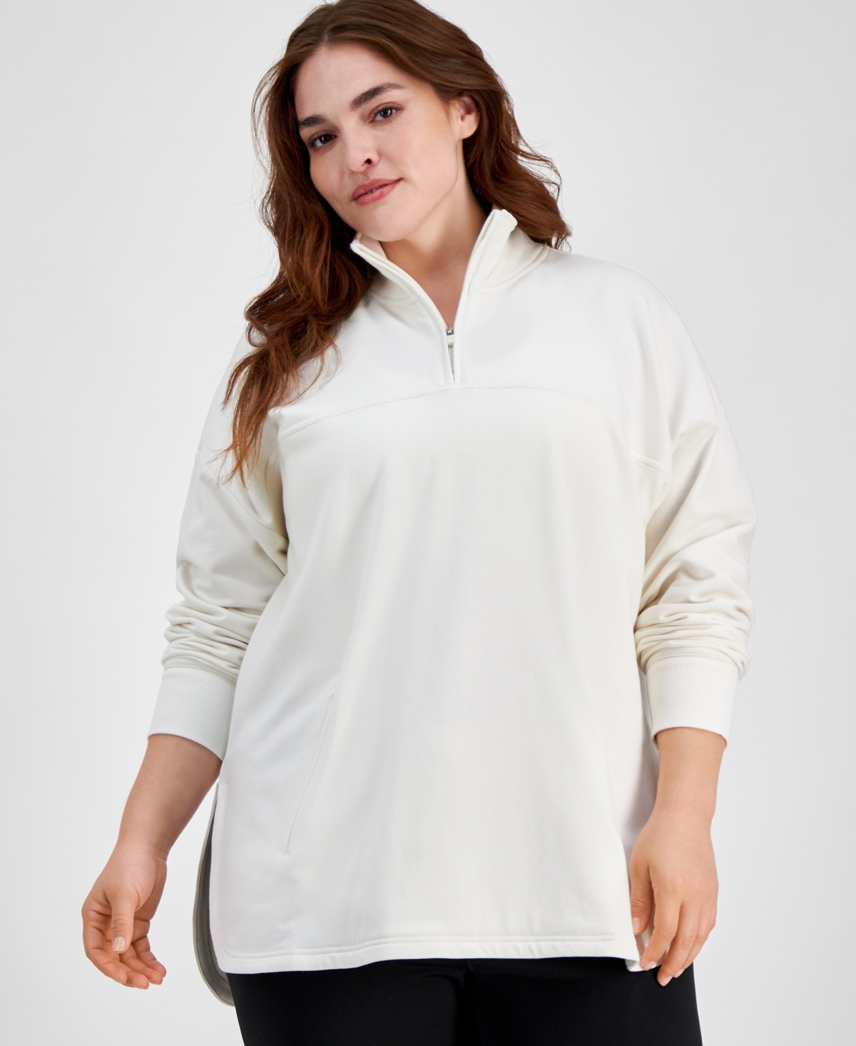 Plus Size Stand Collar Quarter-Zip Long-Sleeve Top, Created for Macy's - Tofu