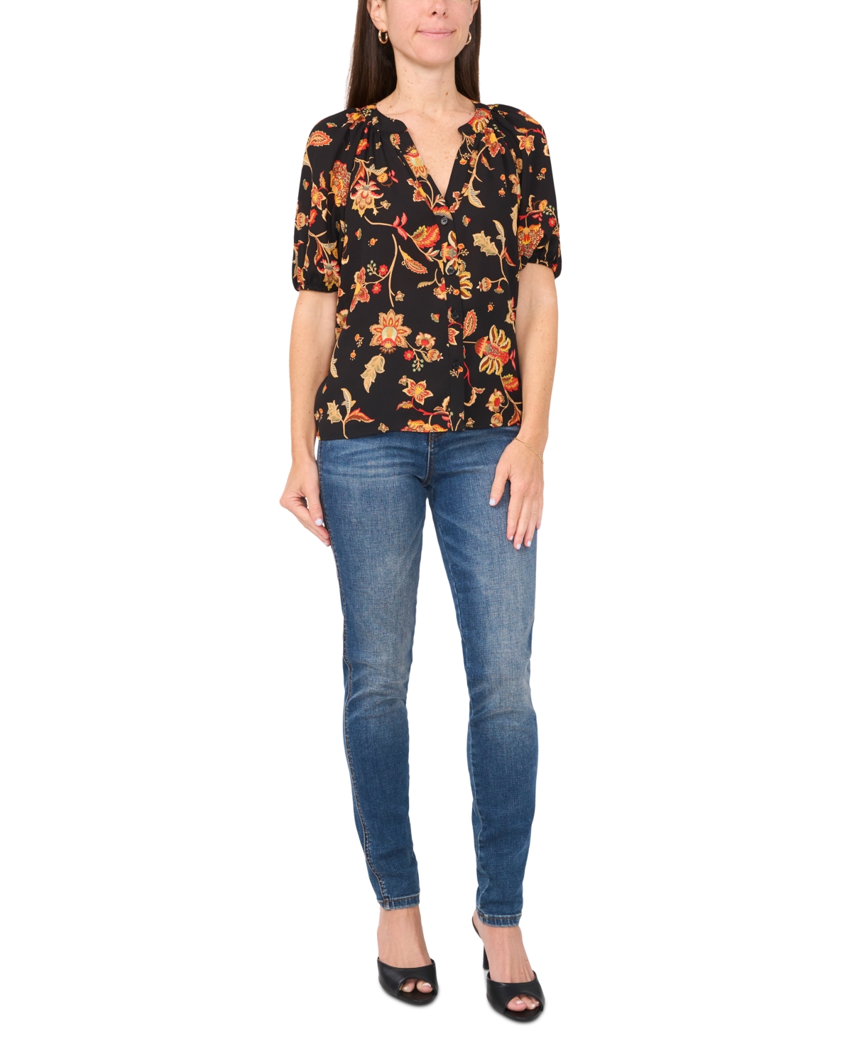 Sam & Jess Petite Puff-Sleeve V-Neck Blouse