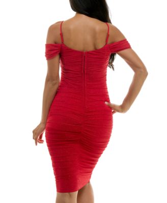 Juniors' Cold-Shoulder Glitter-Mesh Ruched Dress