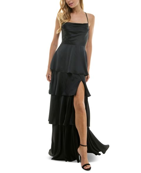 Женское платье City Studios Juniors' Cowlneck Tiered Slit-Front Gown, цвет: Чёрный