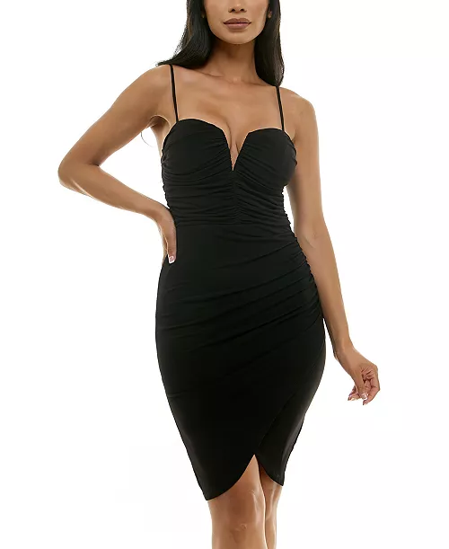 juniors' ruched v-wire bodycon dress