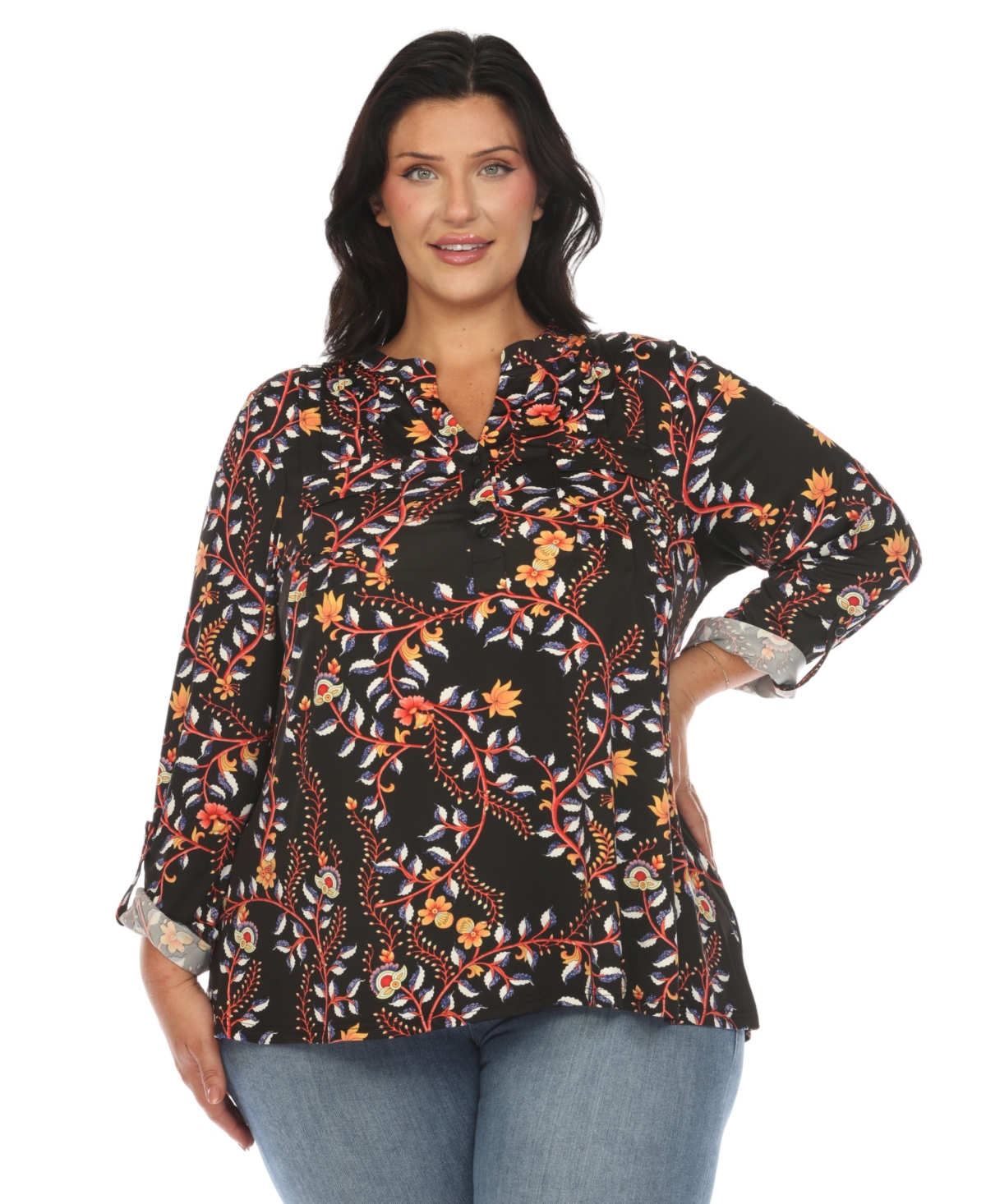 WHITE MARK PLUS SIZE PAISLEY BUTTON FRONT TUNIC TOP 