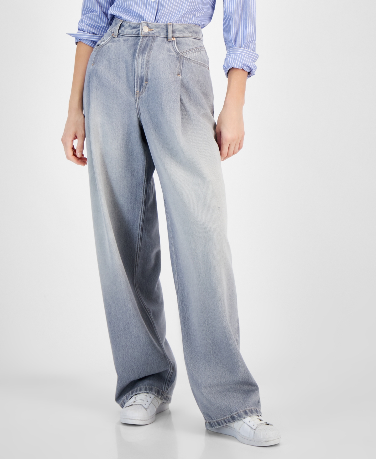 Women's Slouchy Denim Pleated Wide-Leg Pants - Charcoal