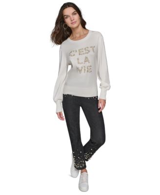 Faux Pearl Sweater Embellished Jeans