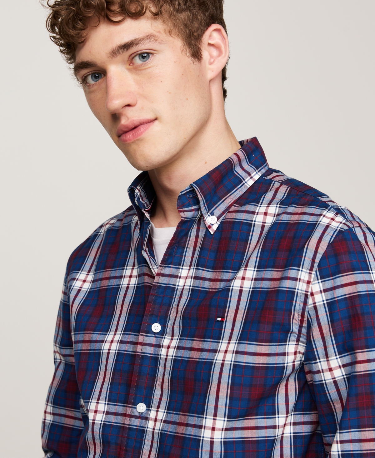 Tommy Hilfiger Men's Flex Poplin Tartan Regular-fit Long-sleeve Shirt In Deep Indigo,rouge Check