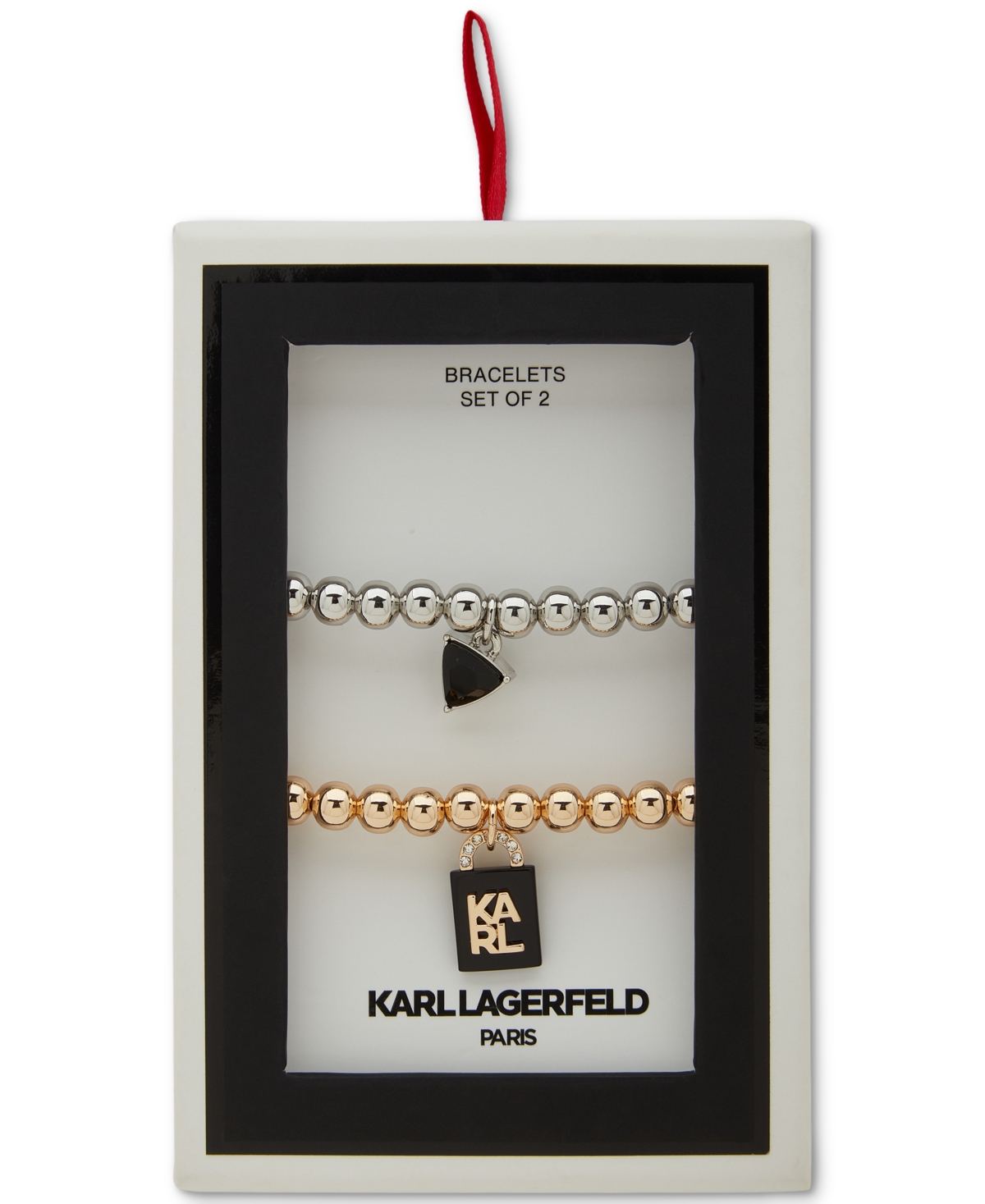 Karl Lagerfeld Two-tone 2-pc. Set Logo Lock Charm Beaded Stretch Bracelets In Rhodium