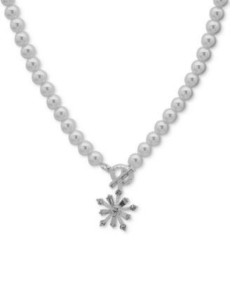 Anne Klein - Silver-Tone Crystal & Imitation Pearl Snowflake Pendant Necklace, 16" + 3" extender