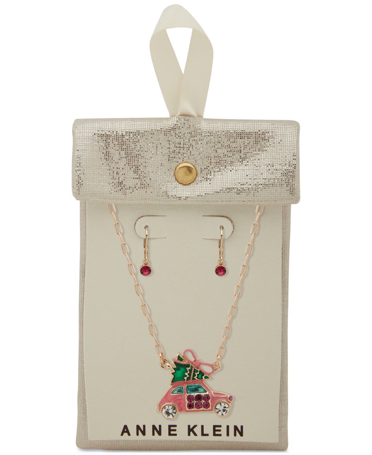 Anne Klein Gold-tone Crystal Car With Tree Pendant Necklace & Drop Earrings Set In Multi