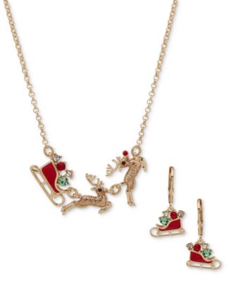 Anne Klein - Gold-Tone Multicolor Crystal Reindeer Sleigh Statement Necklace & Drop Earrings Set