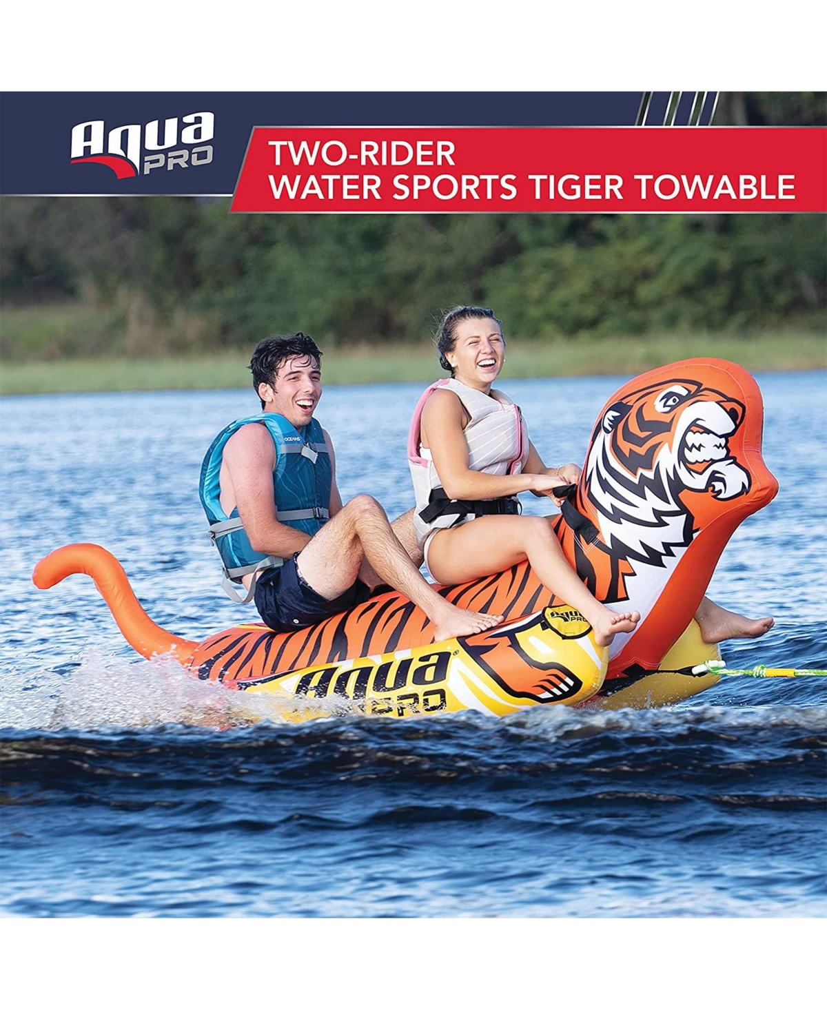 AquaPro 96 Inch Heavy Duty Nylon Tiger Water Towable 2 Person Rider, Orange