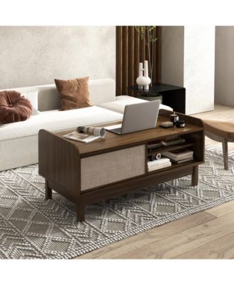 39.5" Rectangular Coffee Table with Sliding Weaving Doors – Wood Center Table
