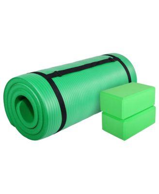 71"x24" Anti Tear Yoga Mat w/Strap, Knee Pad & Blocks, Green