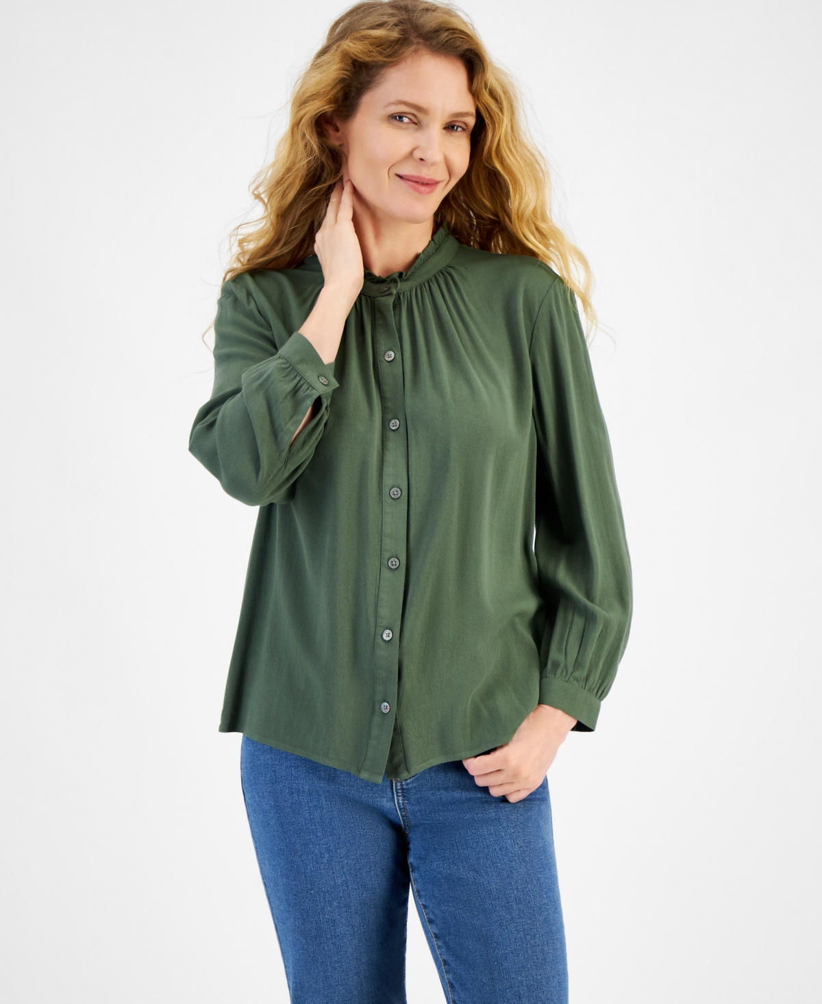 Style & Co Petite Ruffle-Neck Button-Front Long-Sleeve Top, Created for Macy's