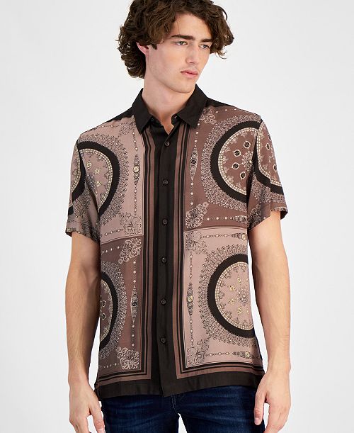 alfani GUESS Men's Short Sleeve Button Front Medallion Print Shirt Men's Fashion & Accessories
