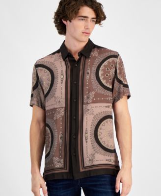 Men's Short Sleeve Button Front Medallion Print Shirt