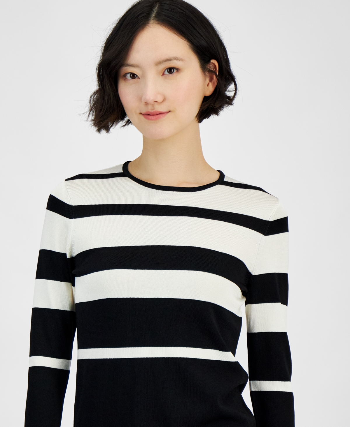 Anne Klein Women's Striped Crewneck Long-Sleeve Sweater -anne White