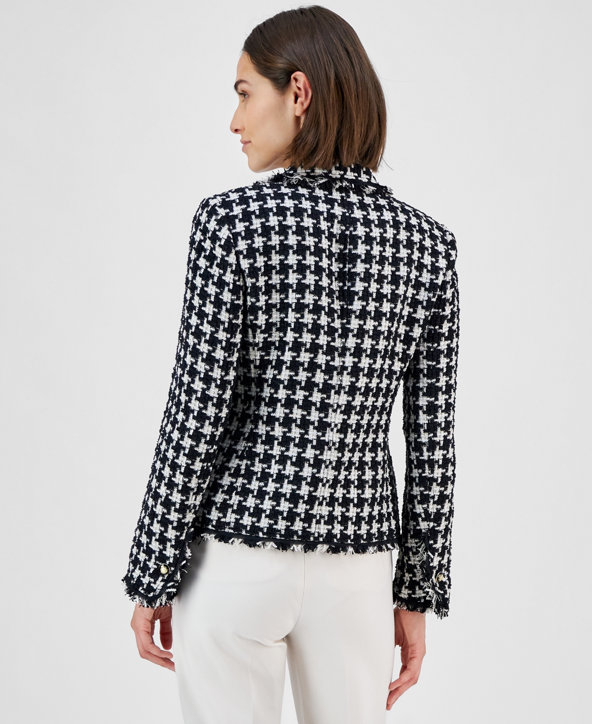 Anne Klein Women's Notched-Collar Tweed Fringe Jacket -anne White