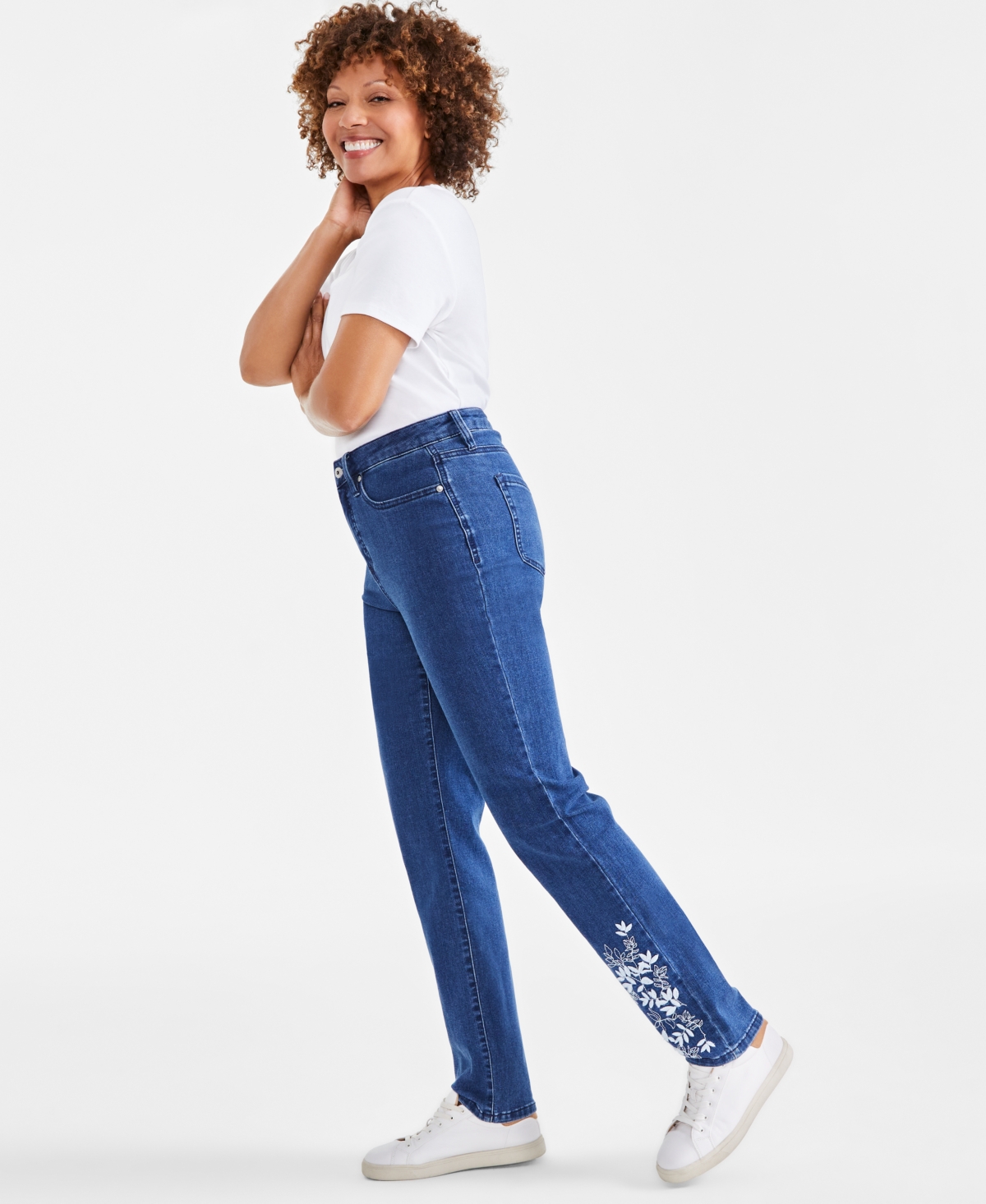 Style & Co Women's High-Rise Straight-Leg Floral-Embroidered Jeans, Exclusively at Macy's