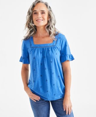 Style & Co - Women's Printed Square-Neck Ruffle-Sleeve Top