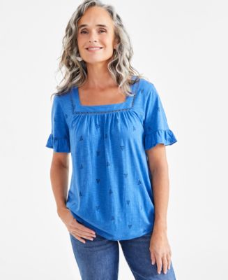 売れ筋商品|||スタイルアンドコー カットソー トップス レディース Women's Printed Long-Sleeve Ruffle-Neck Blouse, Exclusively at Macy's Patchwork Print Style & Co Women's Printed Split Neck Ruffle Trim Long