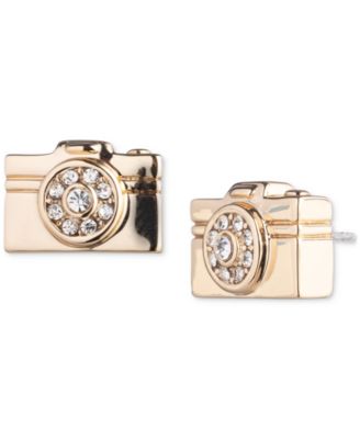 Gold-Tone Pav&eacute; Camera Stud Earrings