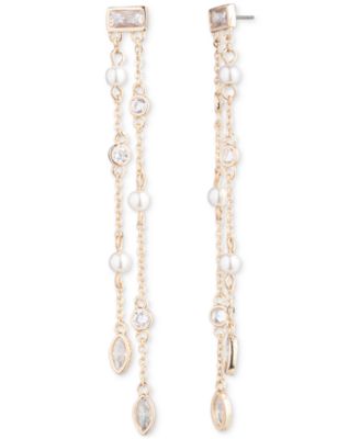 Gold-Tone Cubic Zirconia & Imitation Pearl Double-Row Linear Drop Earrings