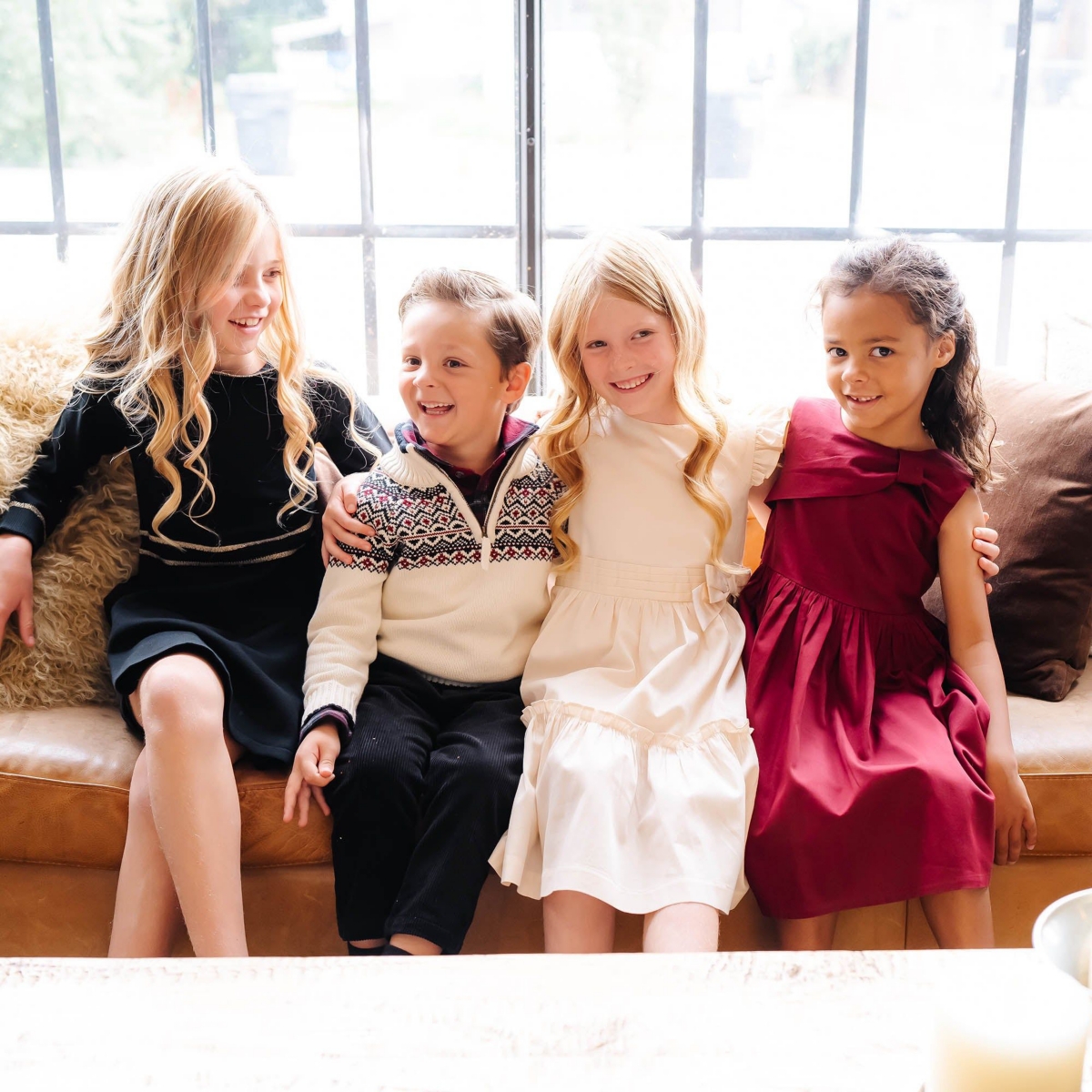 Hope & Henry Little Girls Organic Long Sleeve Ruffle Collar Sweater Dress - Black with gold
