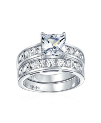 2ct Princess Cut Solitaire Side Stone Cz Square Band Ring Set .925 Sterling Silver