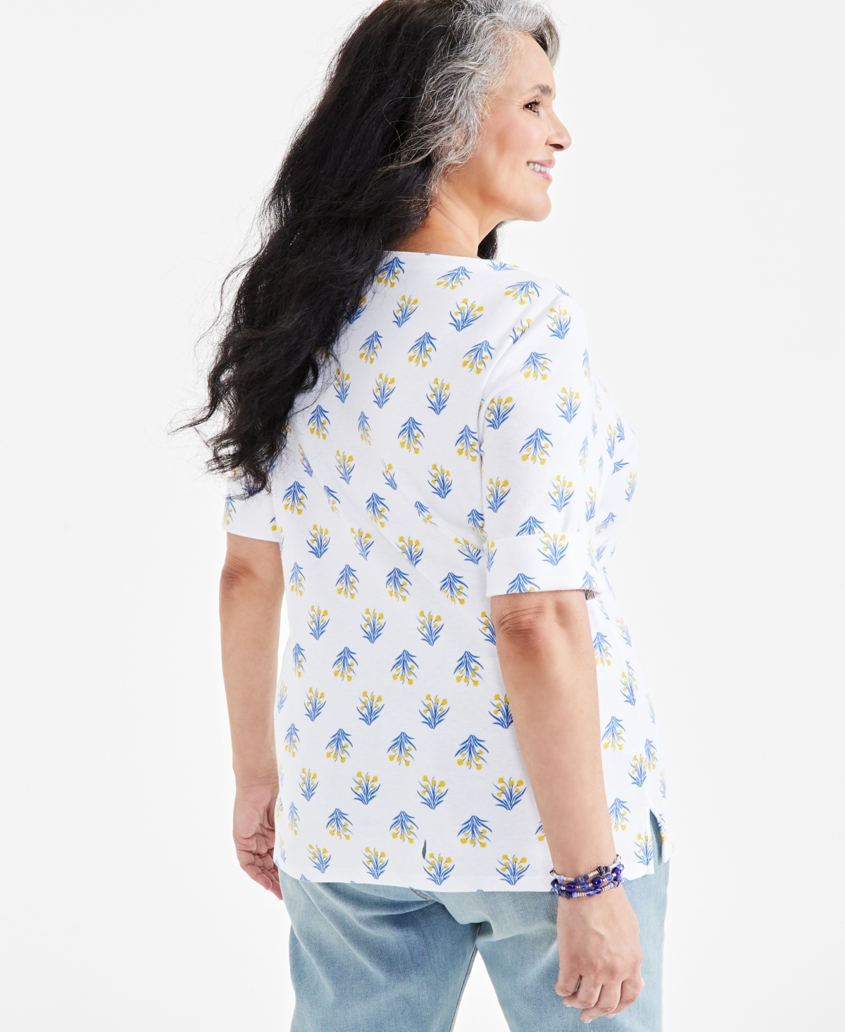 Style & Co Plus Size Printed Short Sleeve Cuffed Top, Created for Macy's