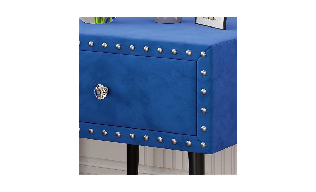 Slickblue Modern Nightstands Set of 2 with Drawer and Crystal Handle, Elegant Rivet Velvet Design Bedside Table for Bedroom,- Blue