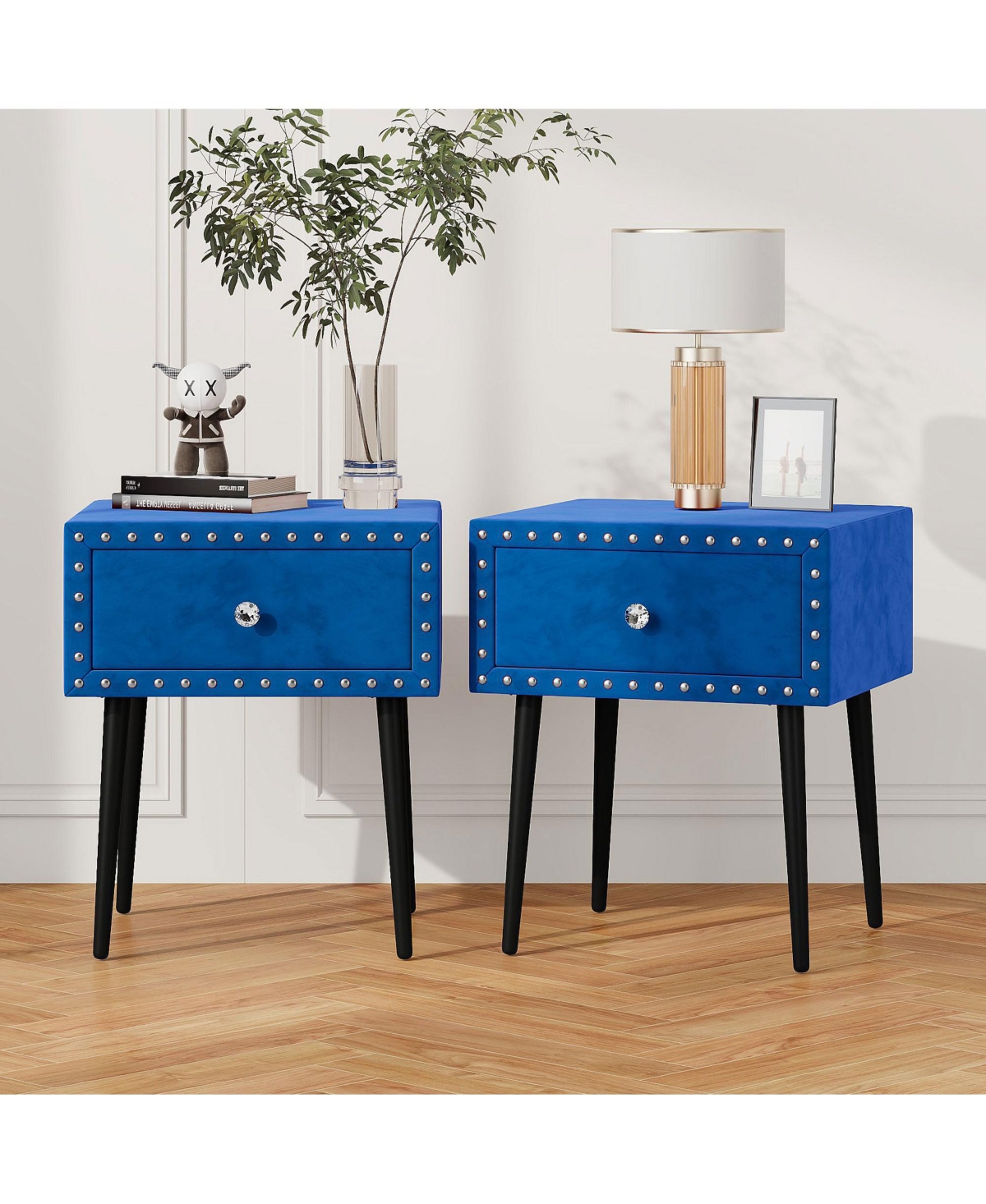 Slickblue Modern Nightstands Set of 2 with Drawer and Crystal Handle, Elegant Rivet Velvet Design Bedside Table for Bedroom,- Blue