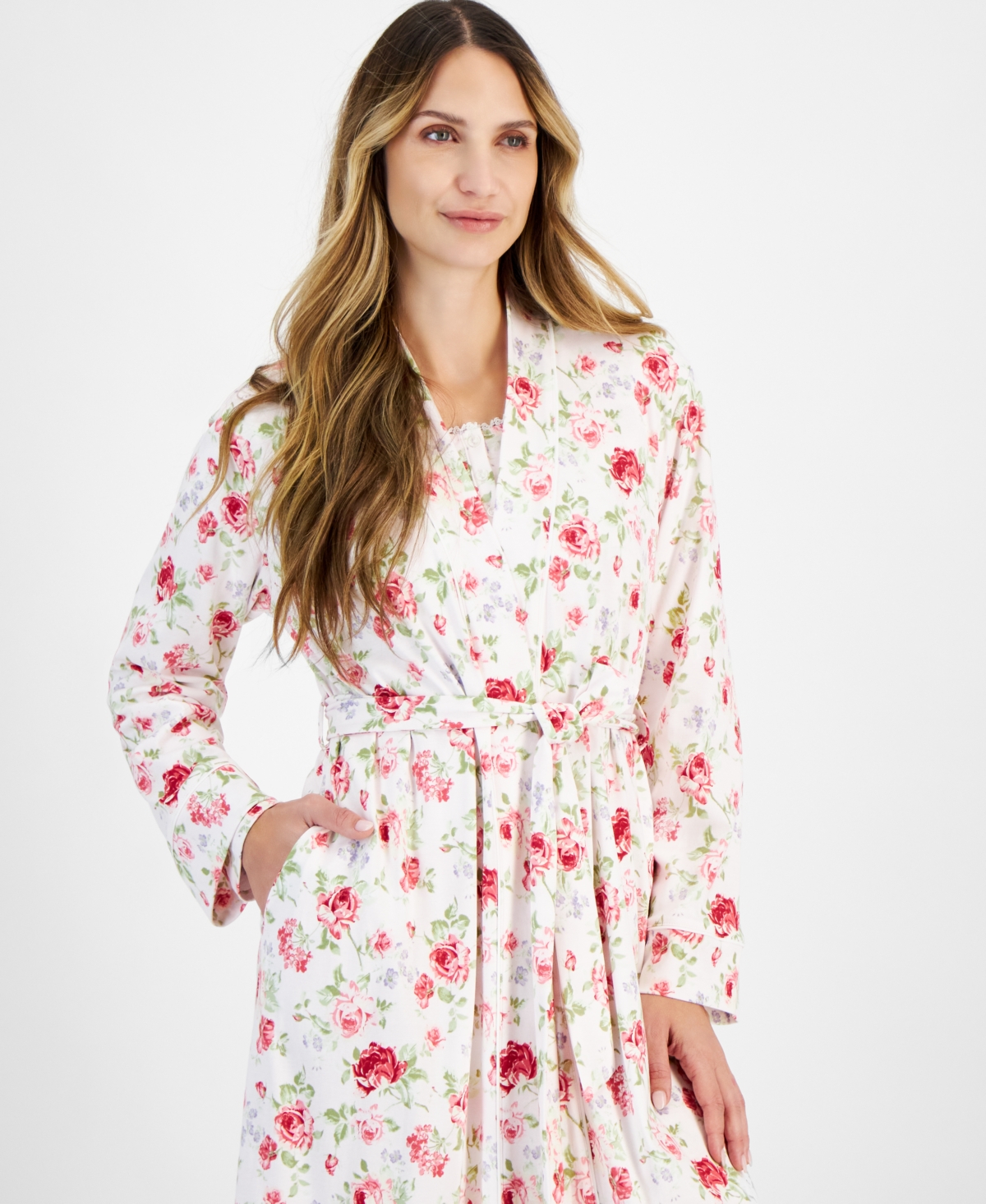CHARTER CLUB WOMEN'S COTTON FLORAL LONG ROBE, CREATED FOR MACY'S 