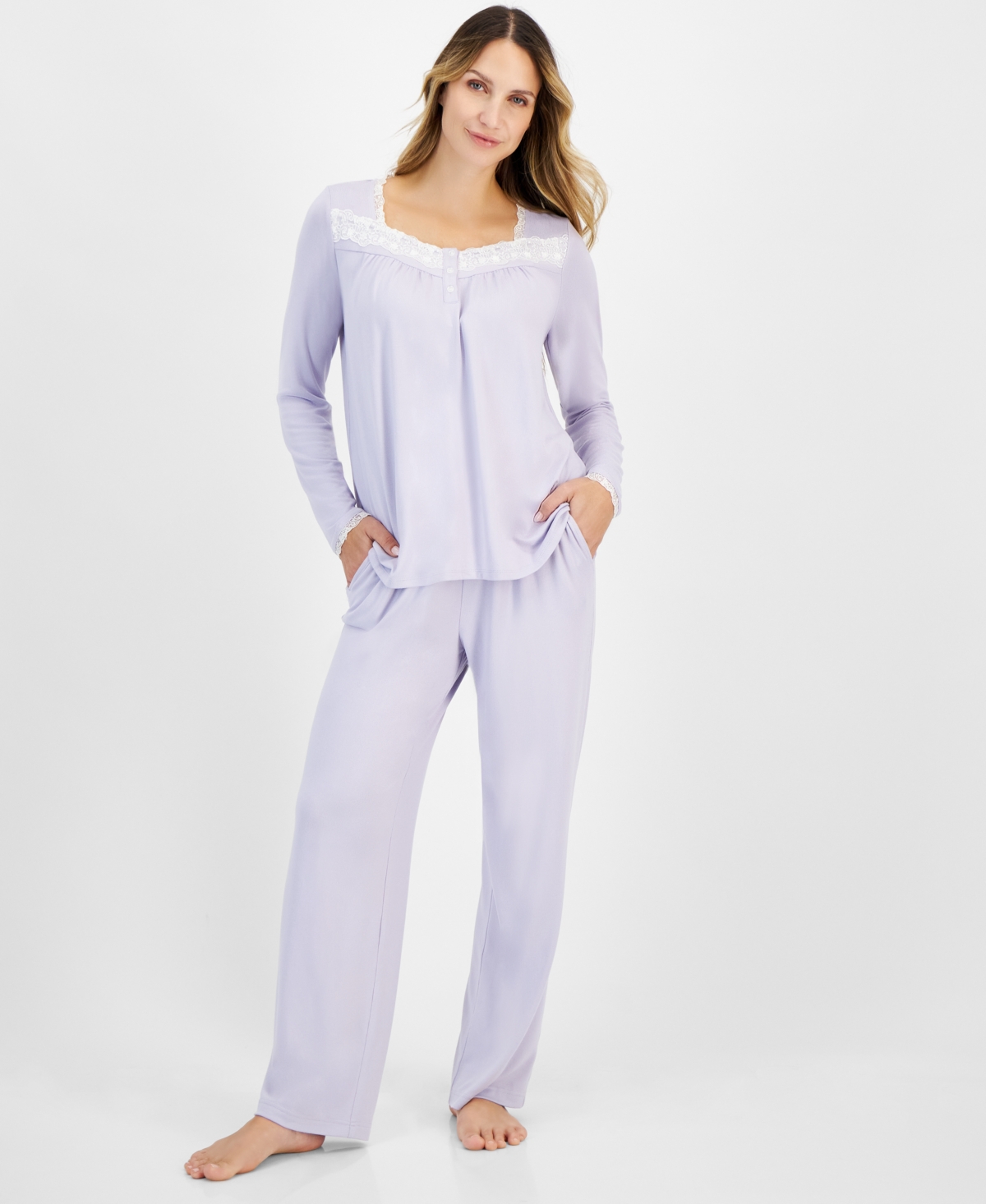 CHARTER CLUB WOMEN'S LACE-TRIM HENLEY PAJAMA SET, CREATED FOR MACY'S 