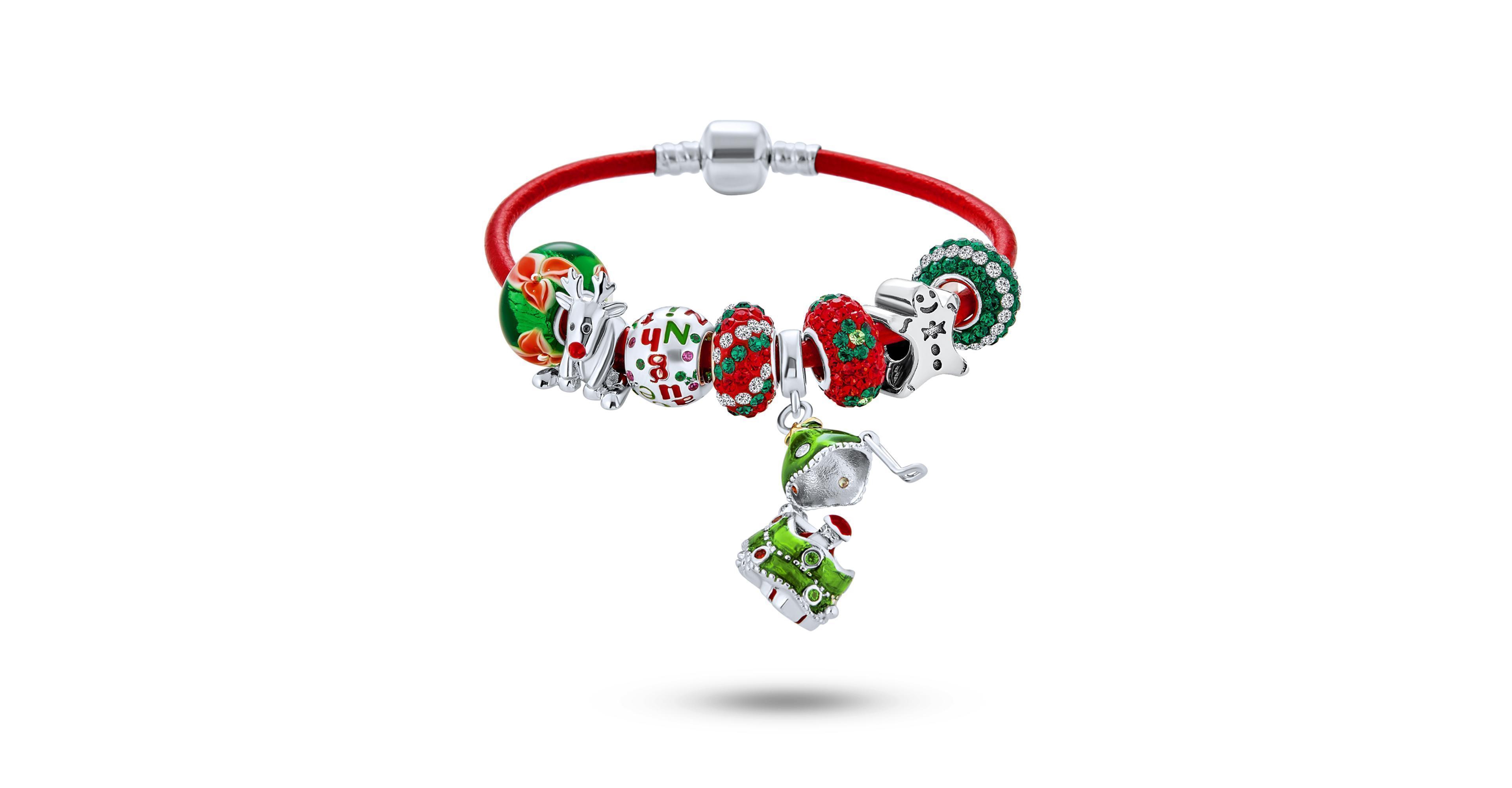 Bling Jewelry Secret Santa Locket Bead Naughty Nice Holiday Saying Reindeer Ginger Breadman Multi Charm Bracelet Red Leather For Women .925 Sterling S