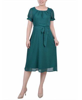 Women's Short Sleeve Belted Swiss Dot Dress
