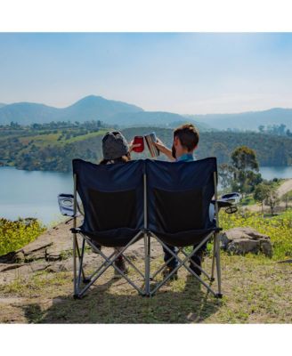 Portable Folding Outdoor Double Camping Lawn Beach Chair, Navy/Tan