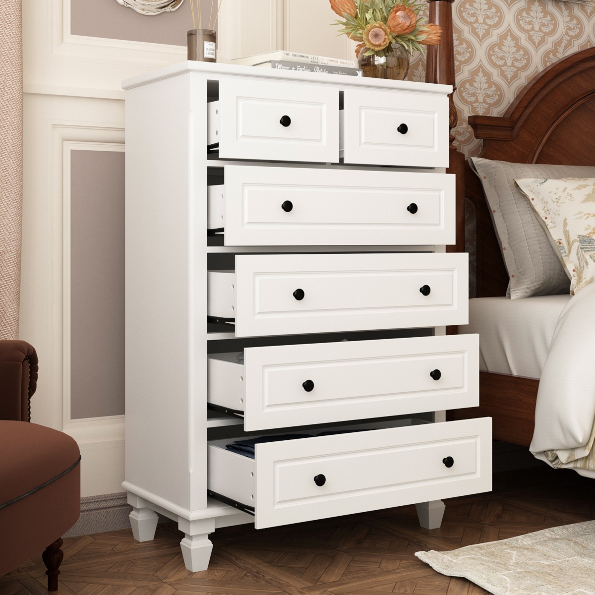 Modern White 6-Drawers Wood Chest of Drawer Dresser，bedroom nightstand, wooden end table
