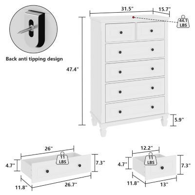 Modern White 6-Drawers Wood Chest of Drawer Dresser，bedroom nightstand, wooden end table