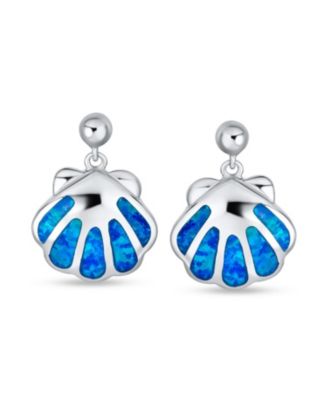 Created Blue Opal Hawaiian Nautical Tropical Beach Vacation Mollusks Clam Dangling Drop Stud Earrings Marine Life .925 Sterling Silver