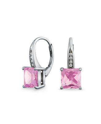 Holiday Classic Solitaire Cubic Zirconia Princess Cut Square Pave CZ Drop Lever back Earrings .925 Sterling Silver