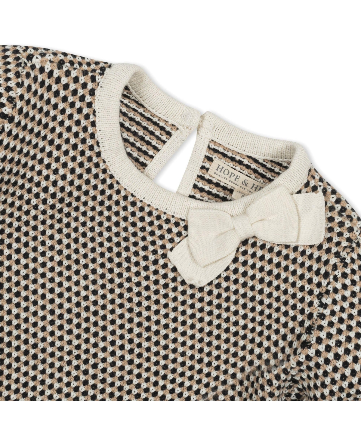 Hope & Henry Baby Girls Organic Long Sleeve Bow Detail Tweed Sweater Dress - Black and cream tweed