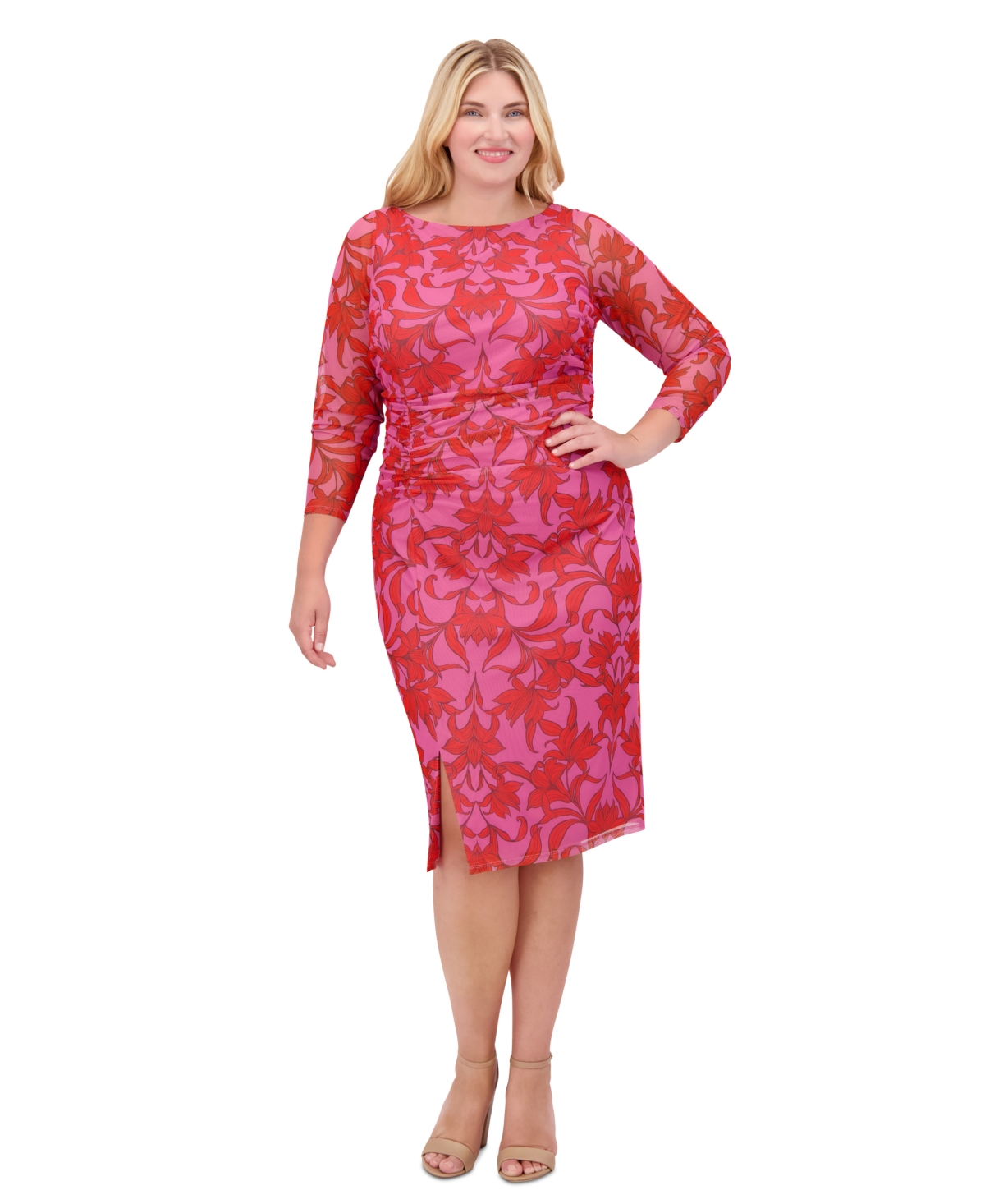 Vince Camuto Plus Size Floral-Print Shirred Mesh Midi Dress