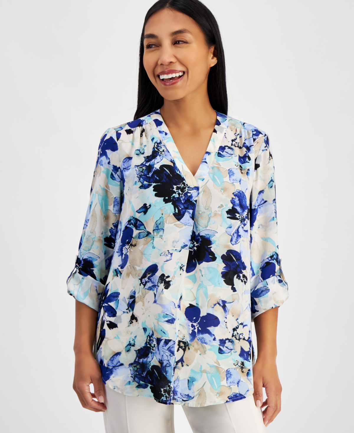 Ak Anne Klein Petite Floral Pleat-front Roll-tab Tunic In Pool Blue Multi